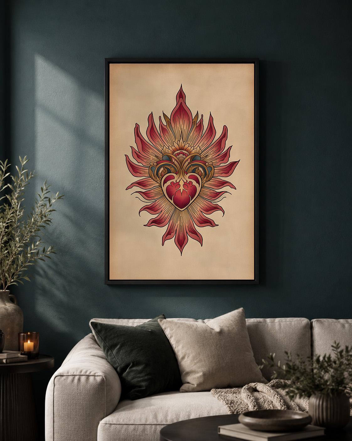 Sacred Heart Tattoo Style Framed Canvas