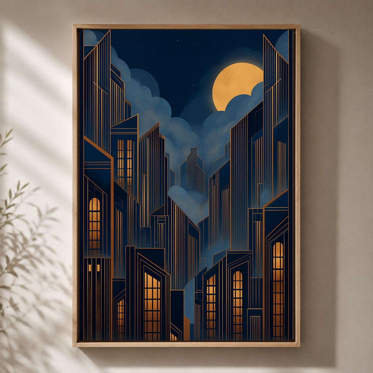 Art Deco Cityscape Framed Canvas