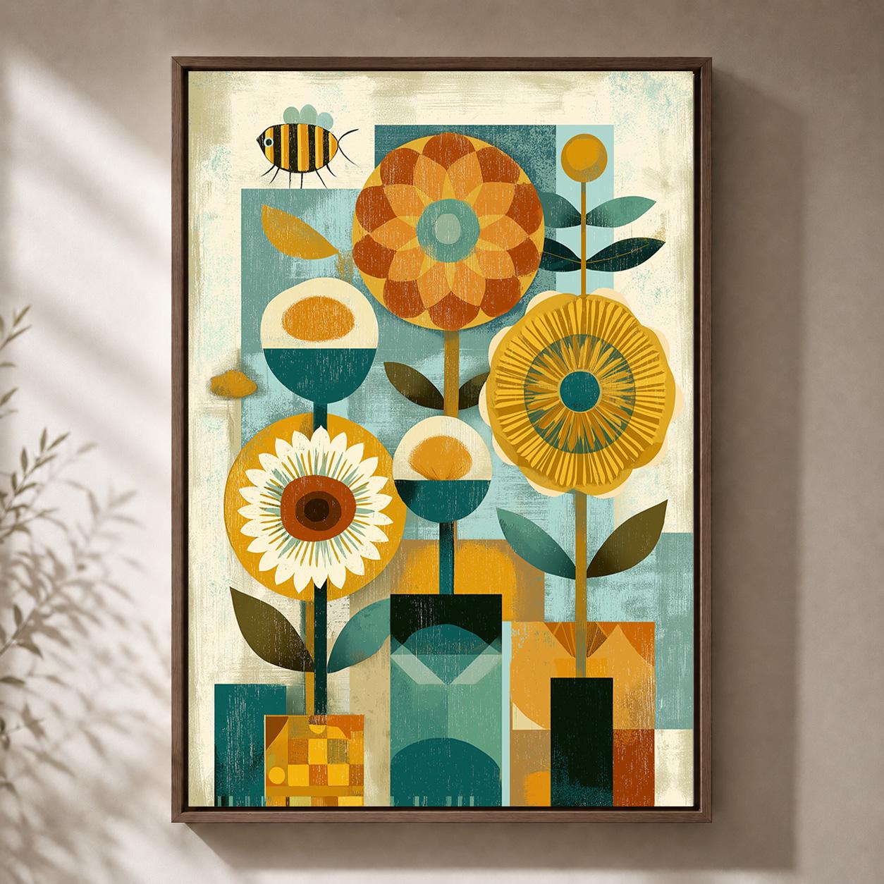 Mid Century Modern Floral Framed Canvas
