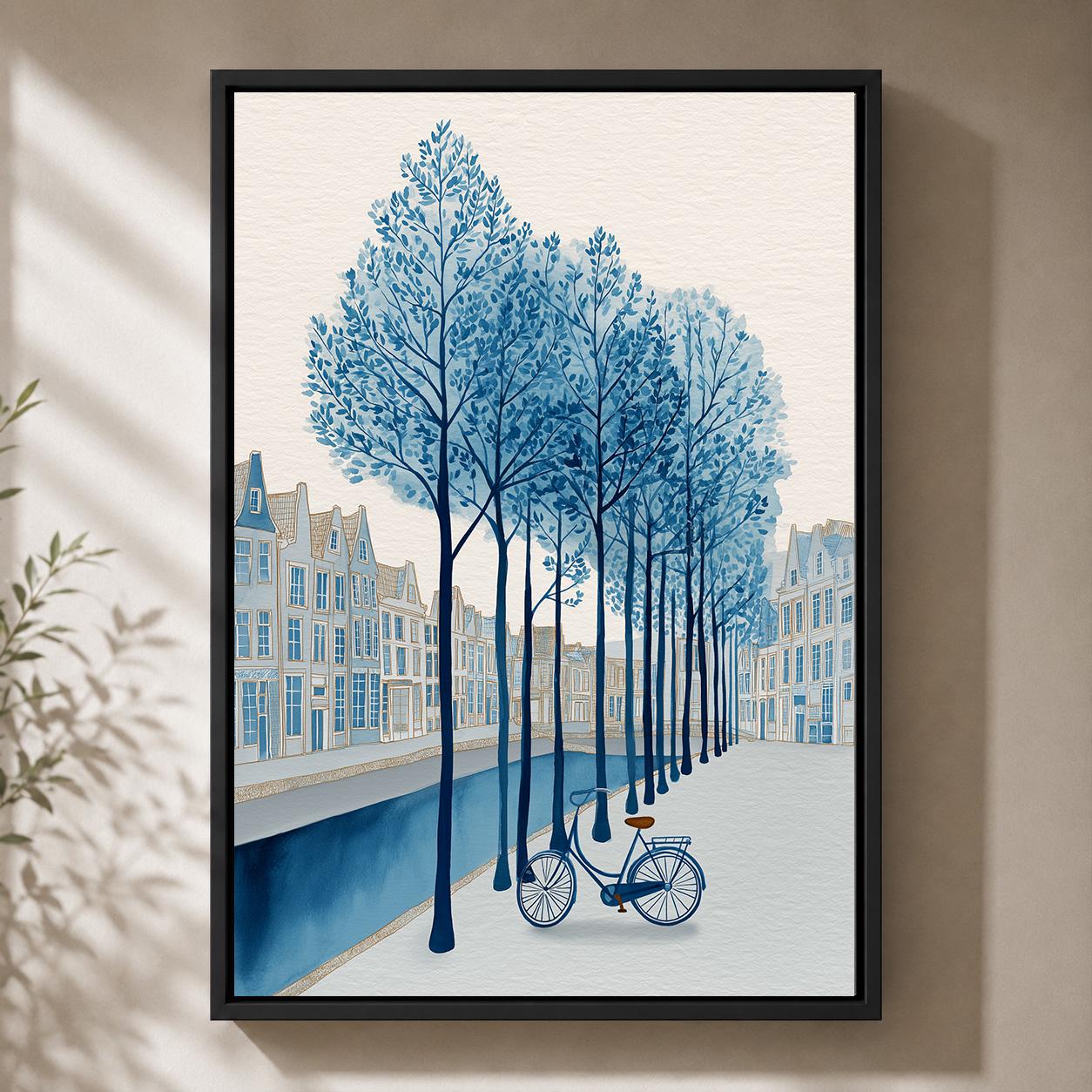 Blue Canal Bicycle Framed Canvas