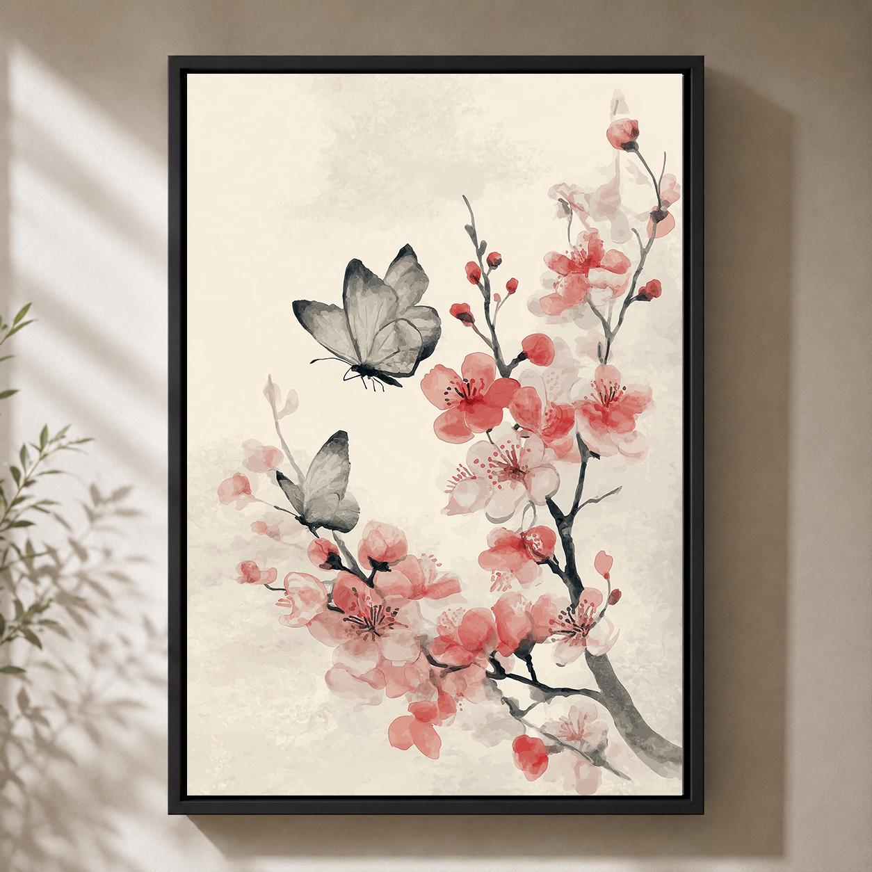 Japandi Cherry Blossom & Butterfly Framed Canvas