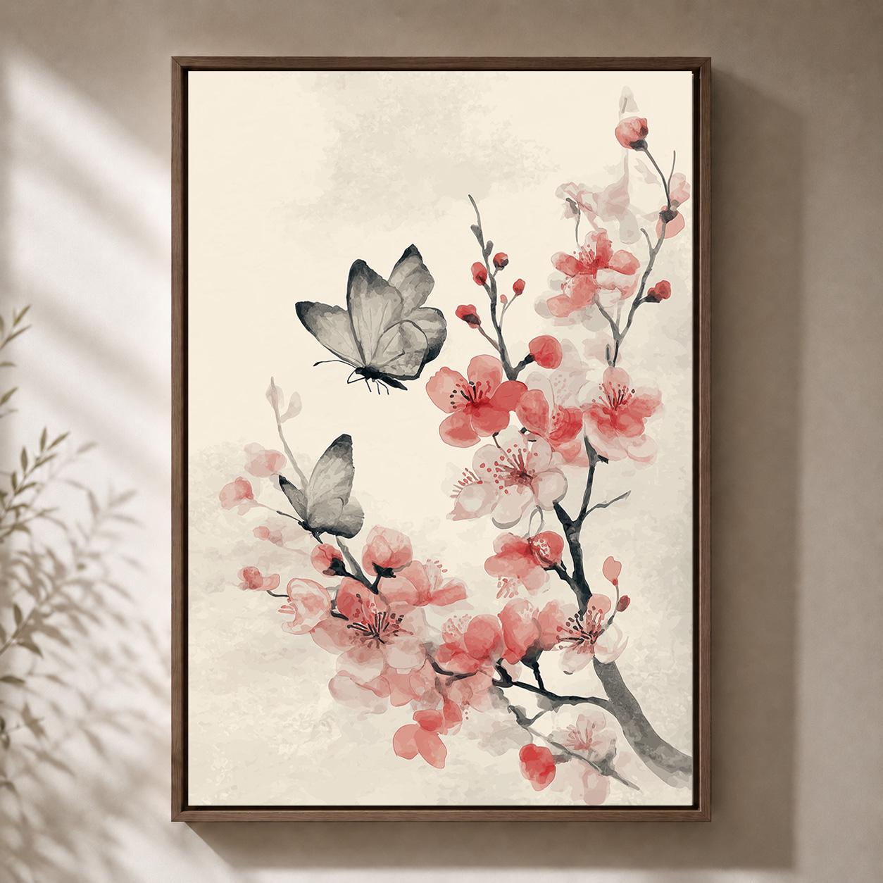 Japandi Cherry Blossom & Butterfly Framed Canvas