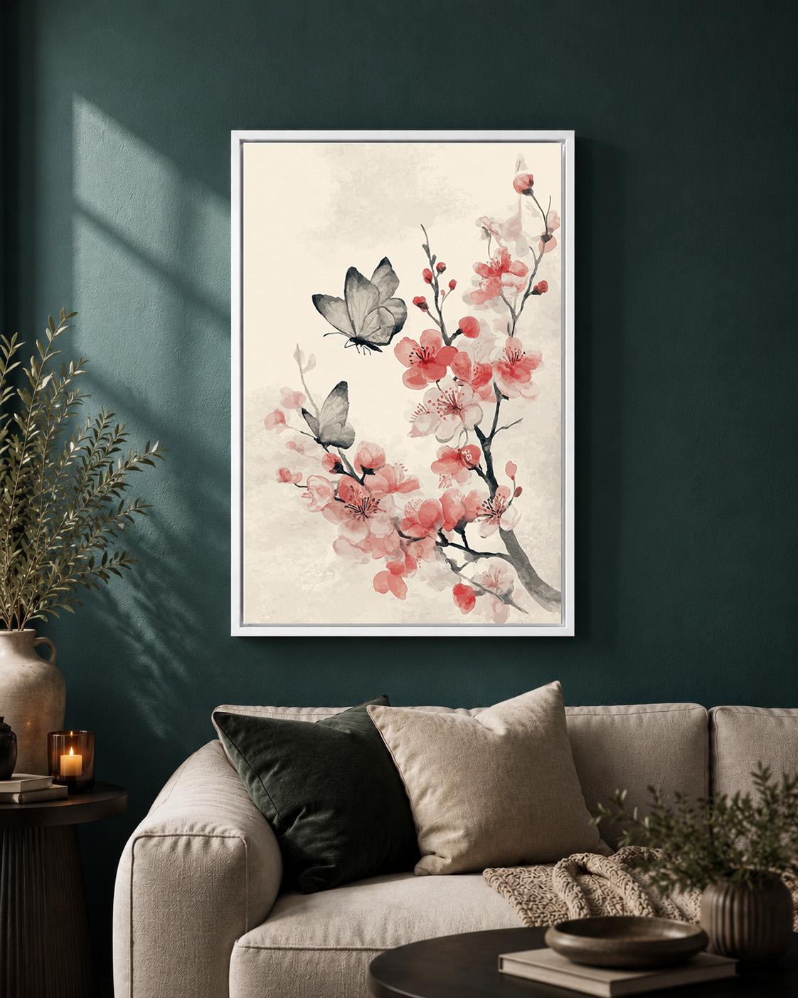 Japandi Cherry Blossom & Butterfly Framed Canvas
