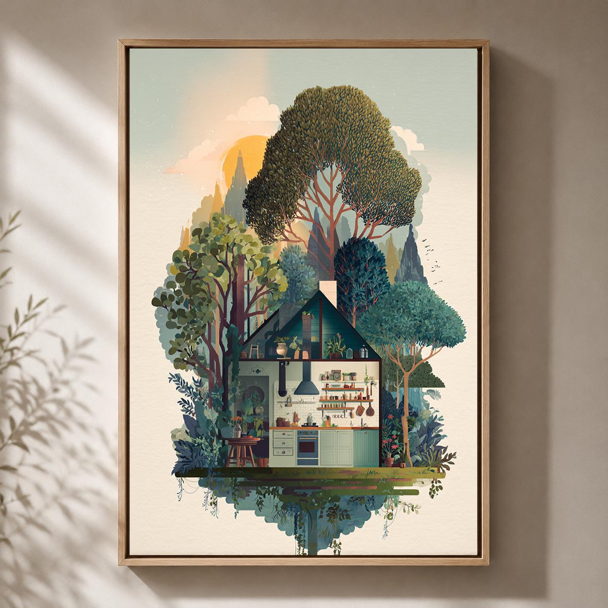 Cottagecore Woodland Forest House Framed Canvas