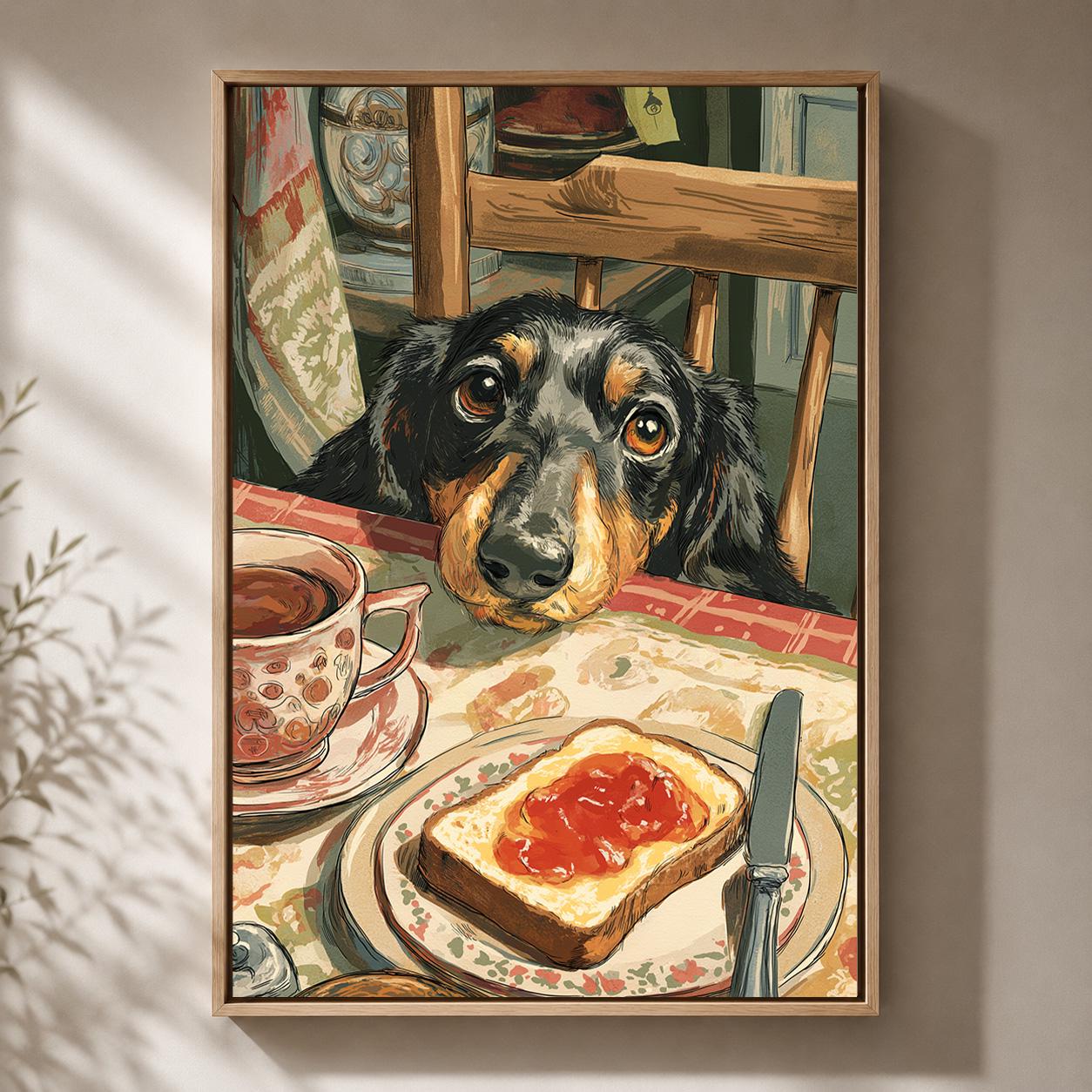 Vintage Dachshund Breakfast Framed Canvas