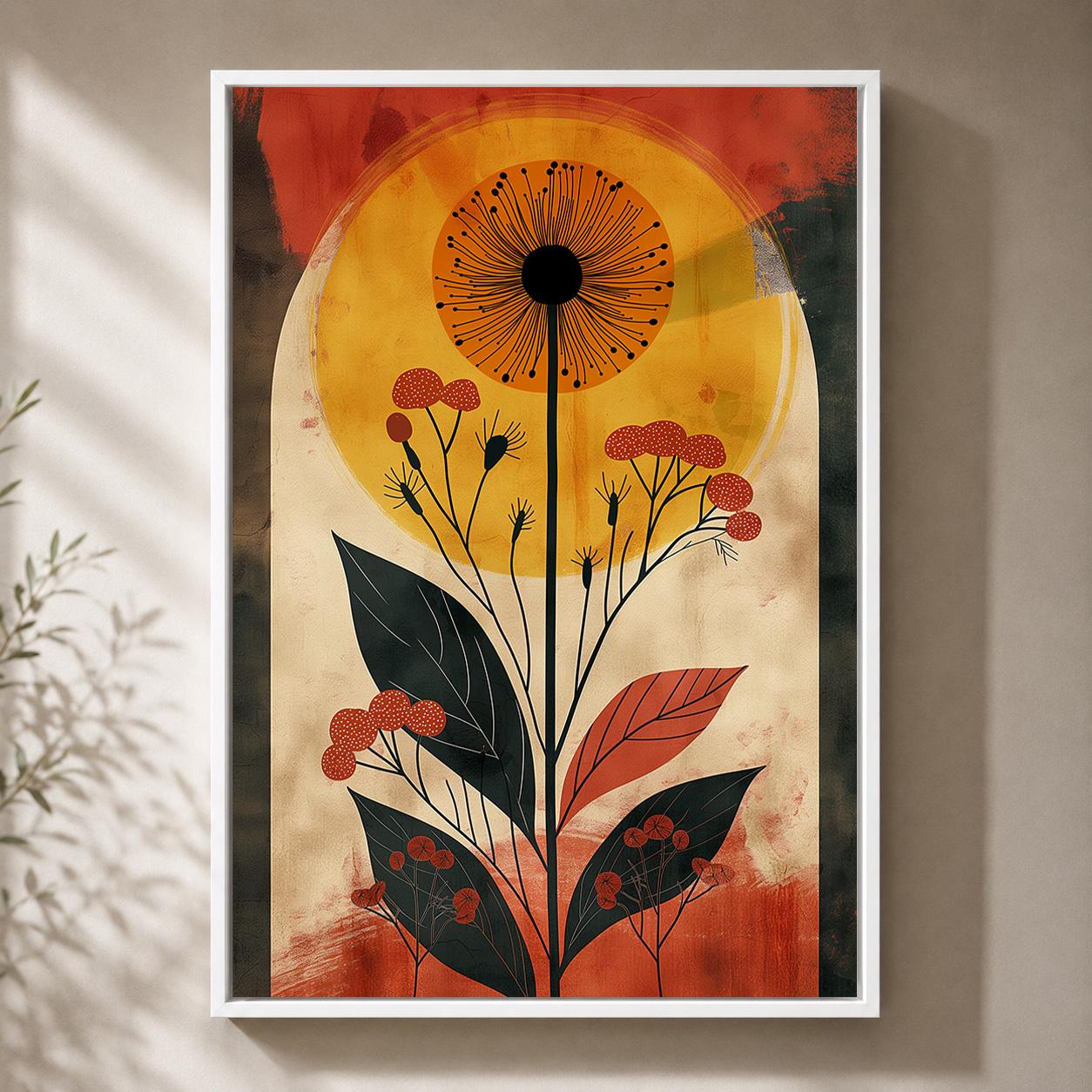Burnt Orange Floral Sun Mid Century Modern Framed Canvas