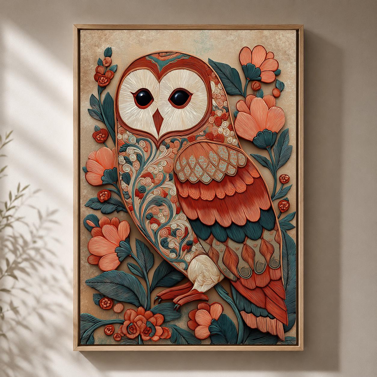 Folk Art Barn Owl Framed Canvas