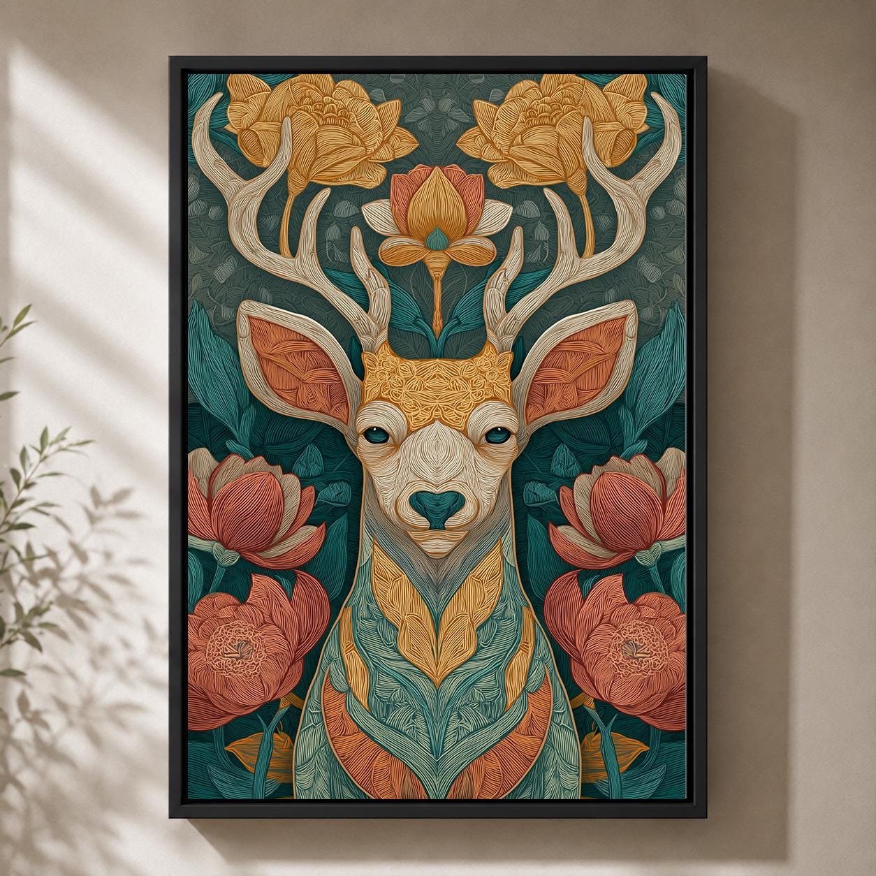 Boho Deer Floral Framed Canvas