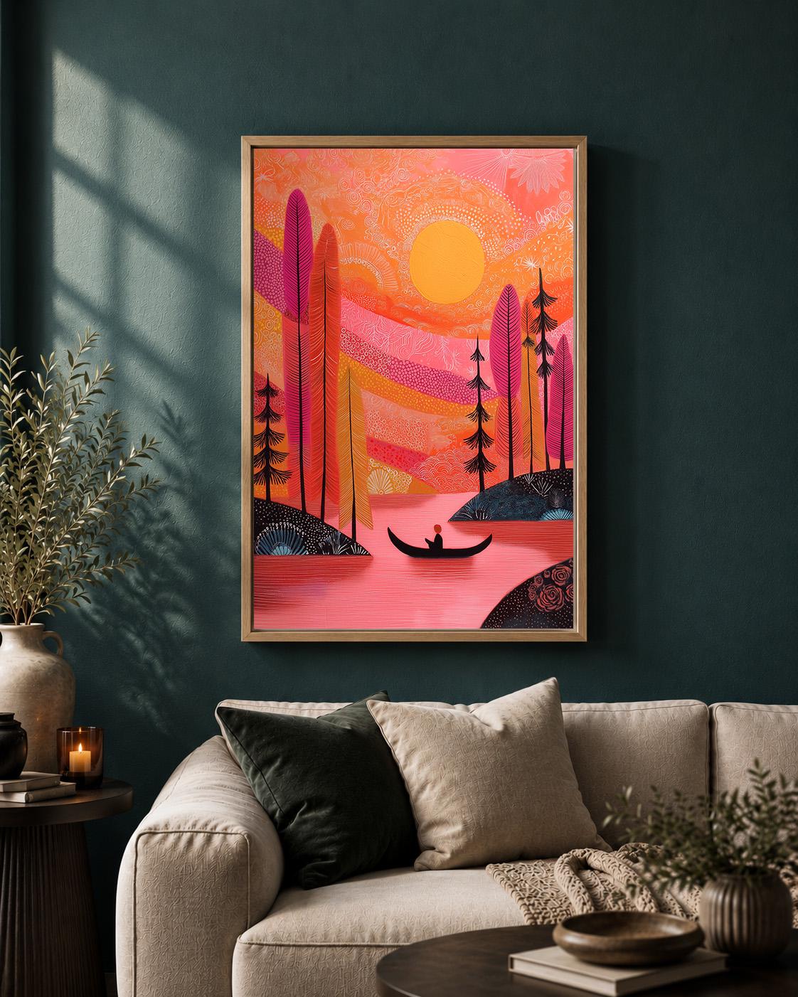 Pink Sunset Landscape Framed Canvas