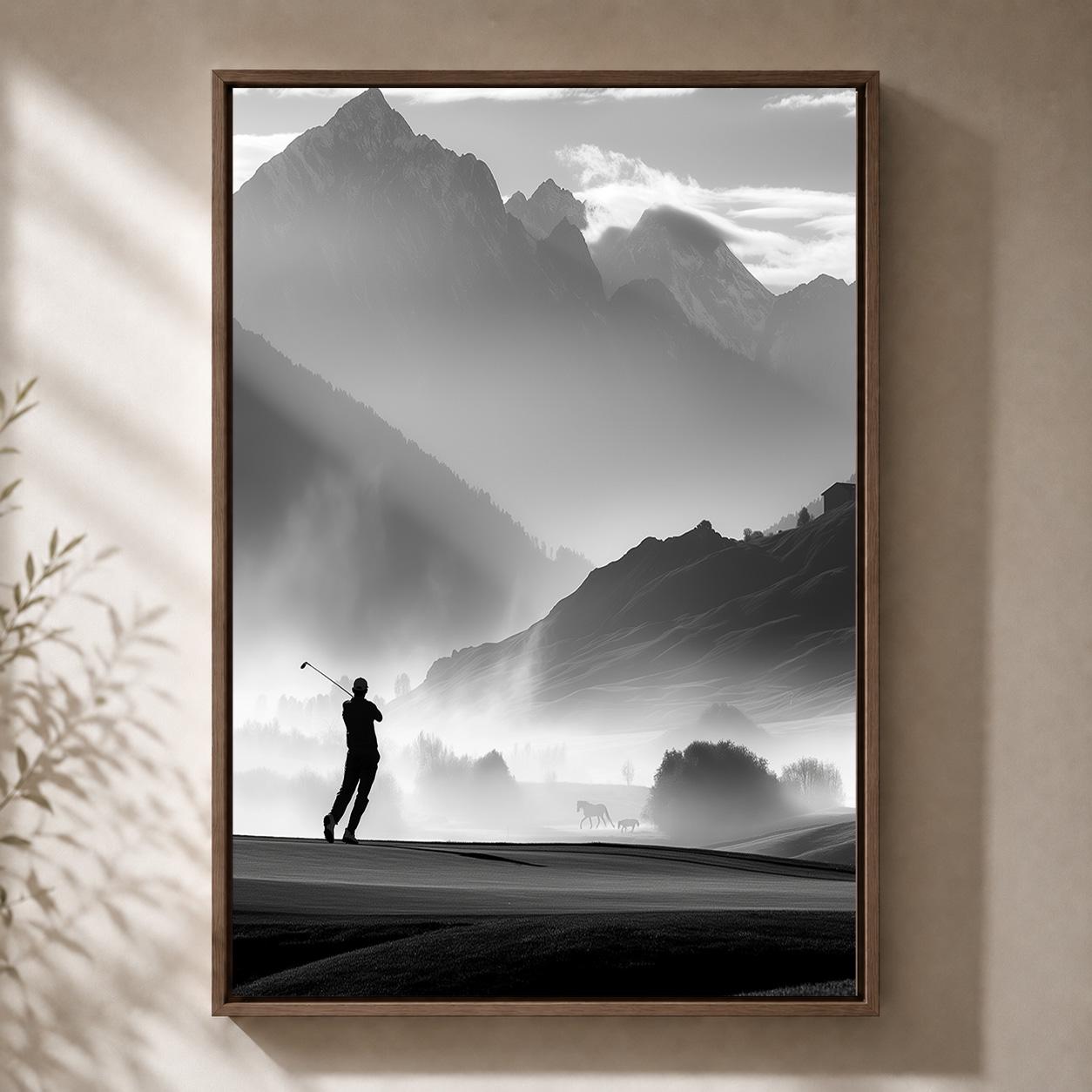 Black and White Golf Mountain Course Framed Canvas