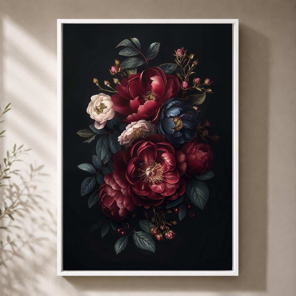 Dark Floral Peony Framed Canvas