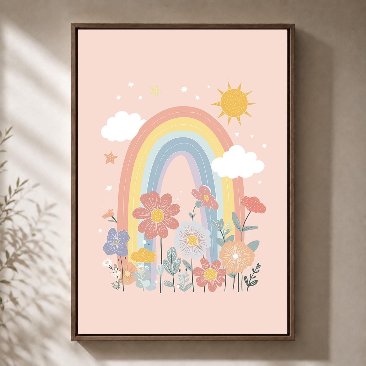 Pastel Rainbow Floral Nursery Framed Canvas