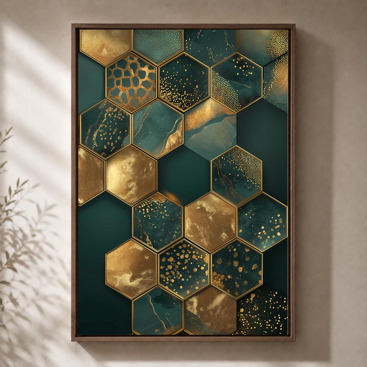 Emerald Gold Hexagon Abstract Framed Canvas