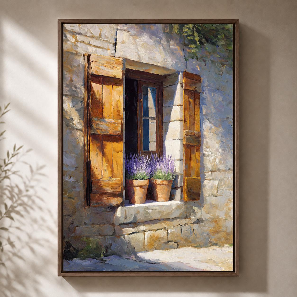 French Country Window Lavender Field Framed Canvas