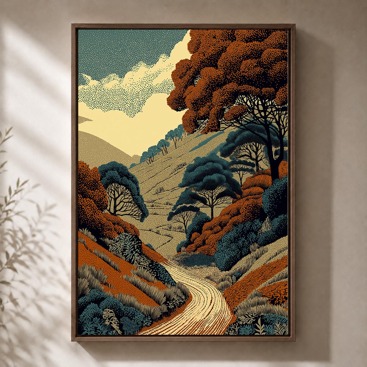 Linocut Woodland Landscape Framed Canvas