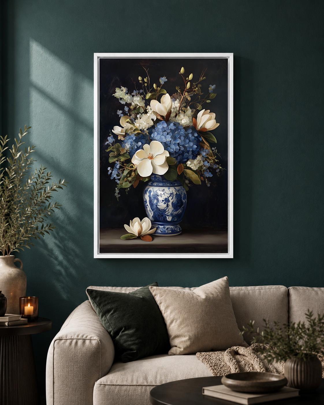 Blue Hydrangea & Magnolia Framed Canvas