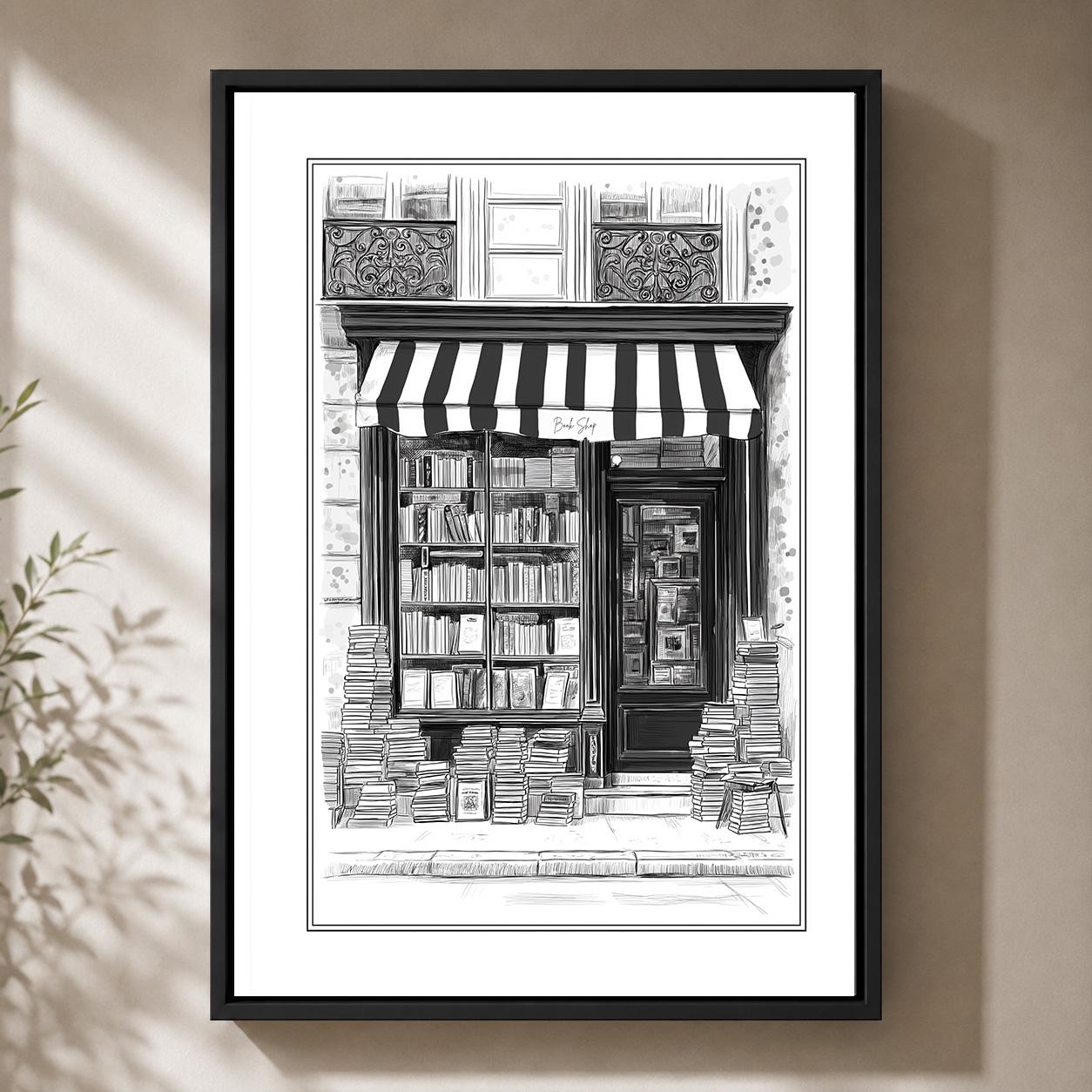 Vintage Black & White Bookshop Framed Canvas