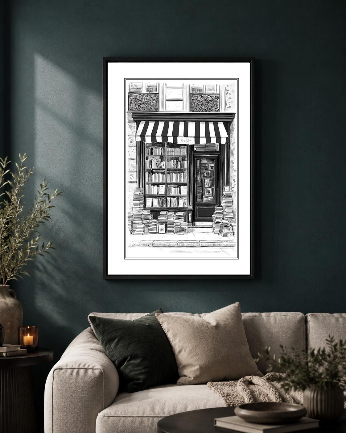 Vintage Black & White Bookshop Framed Canvas