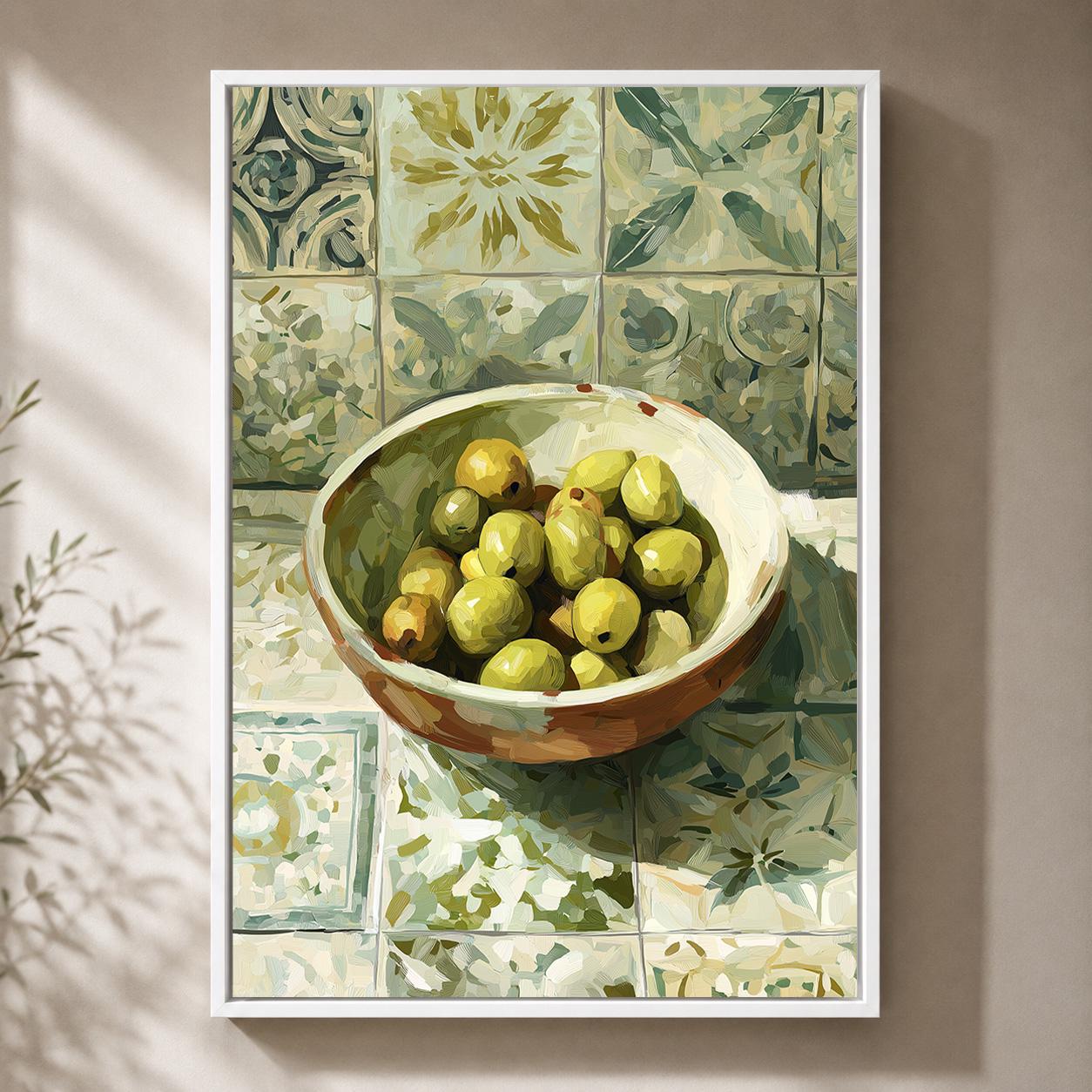 Mediterranean Olive Bowl Still Life Framed Canvas