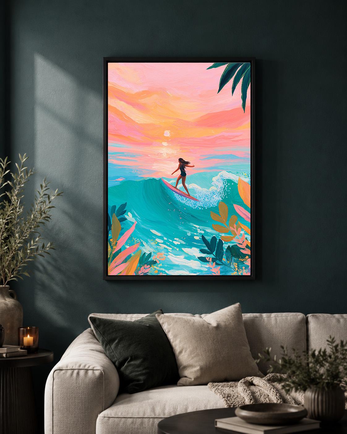 Surfing Sunset Framed Canvas