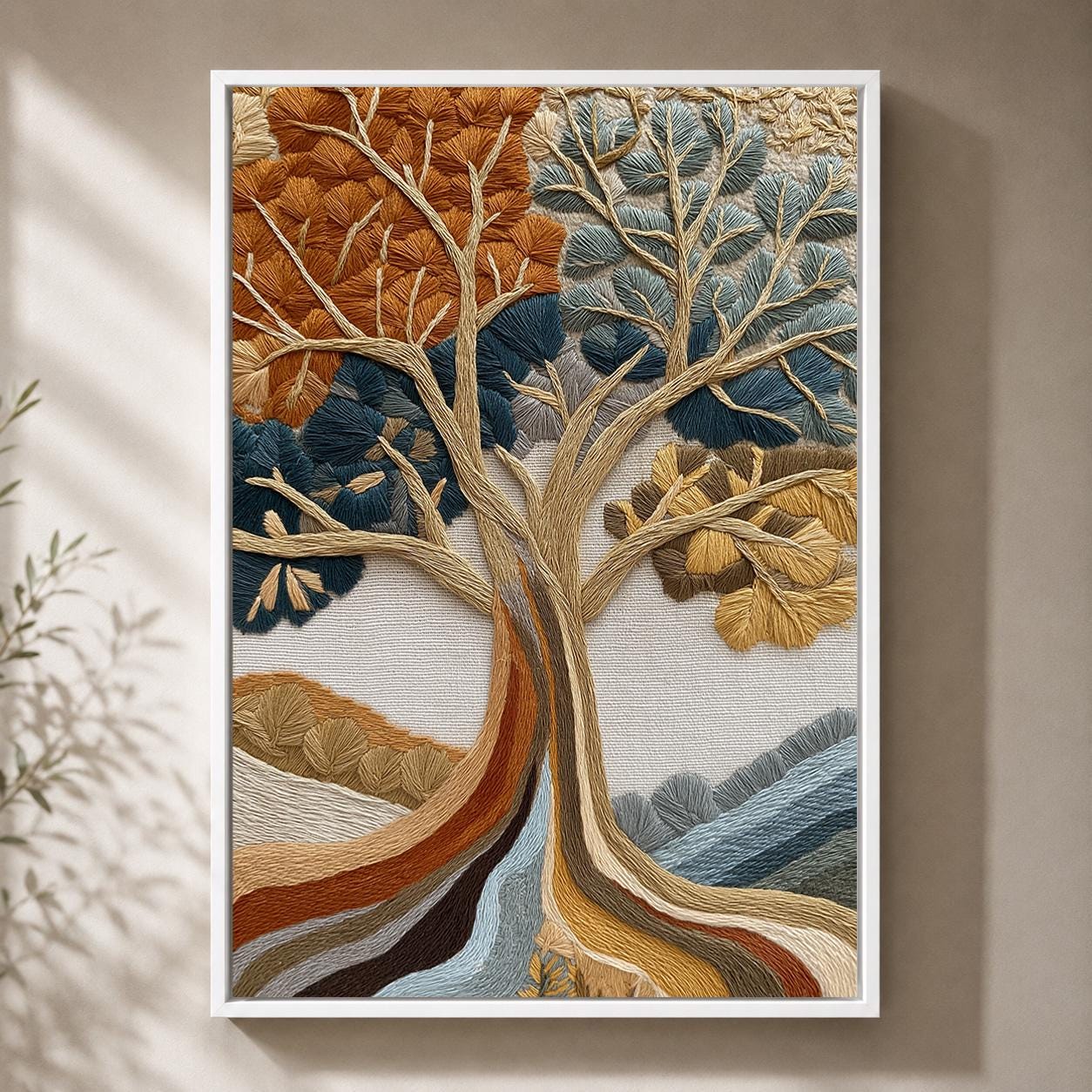 Embroidered Style Tree of Life Framed Canvas