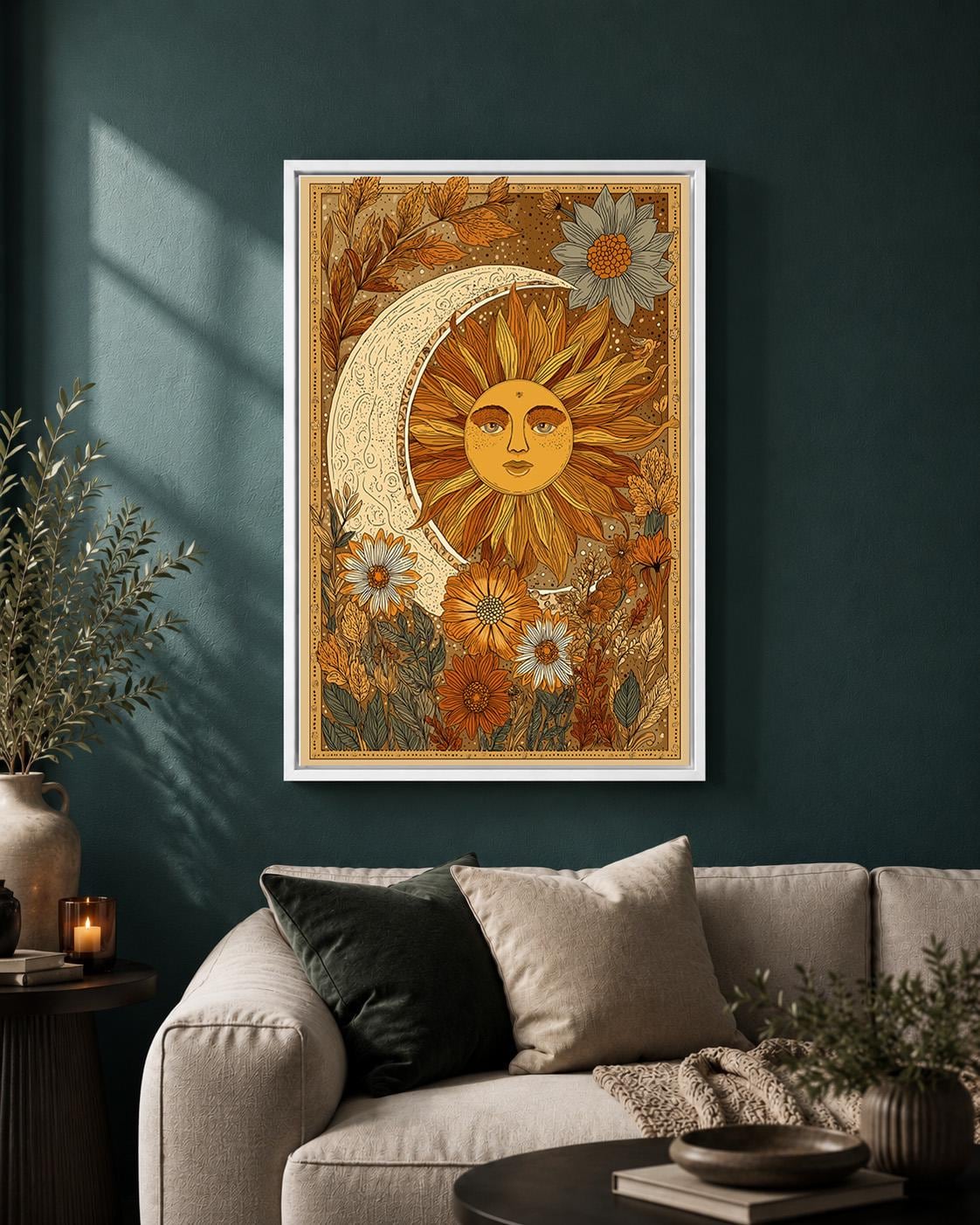 Boho Celestial Sun Moon Framed Canvas