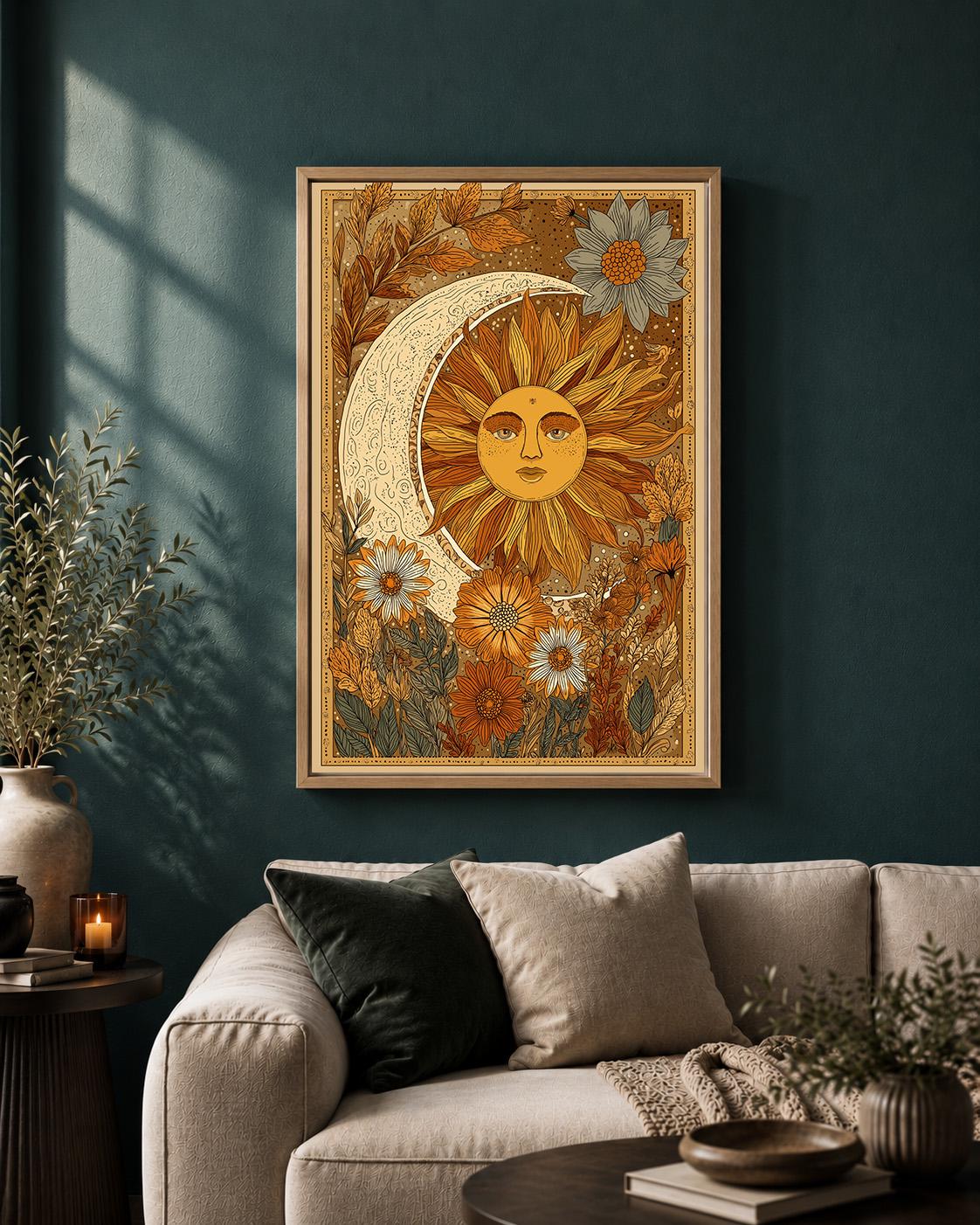 Boho Celestial Sun Moon Framed Canvas