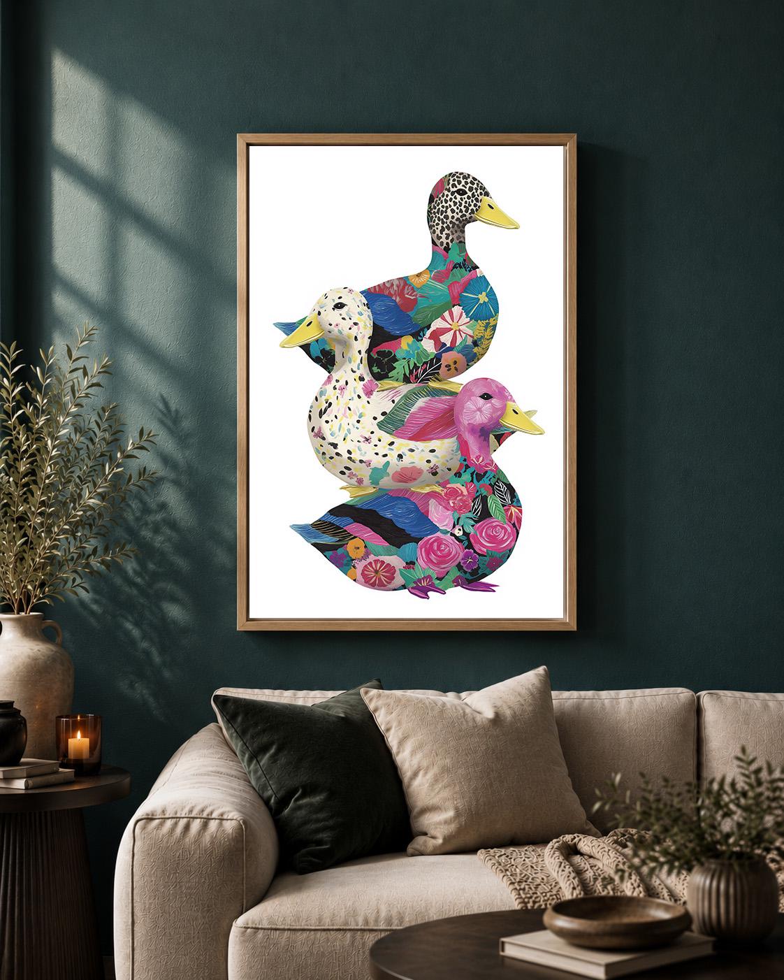 Colorful Floral Duck Framed Canvas