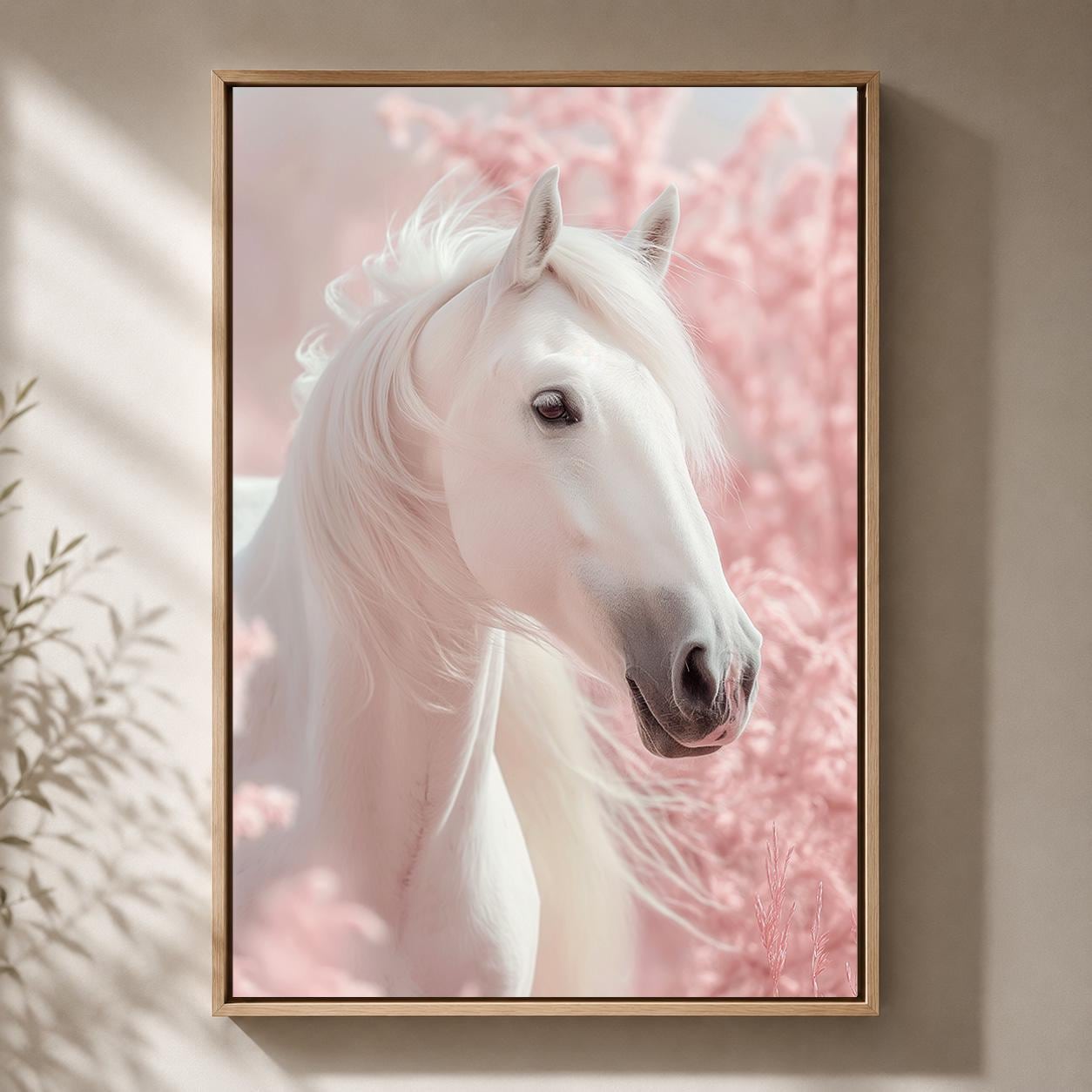 Pink Botanical White Horse Framed Canvas