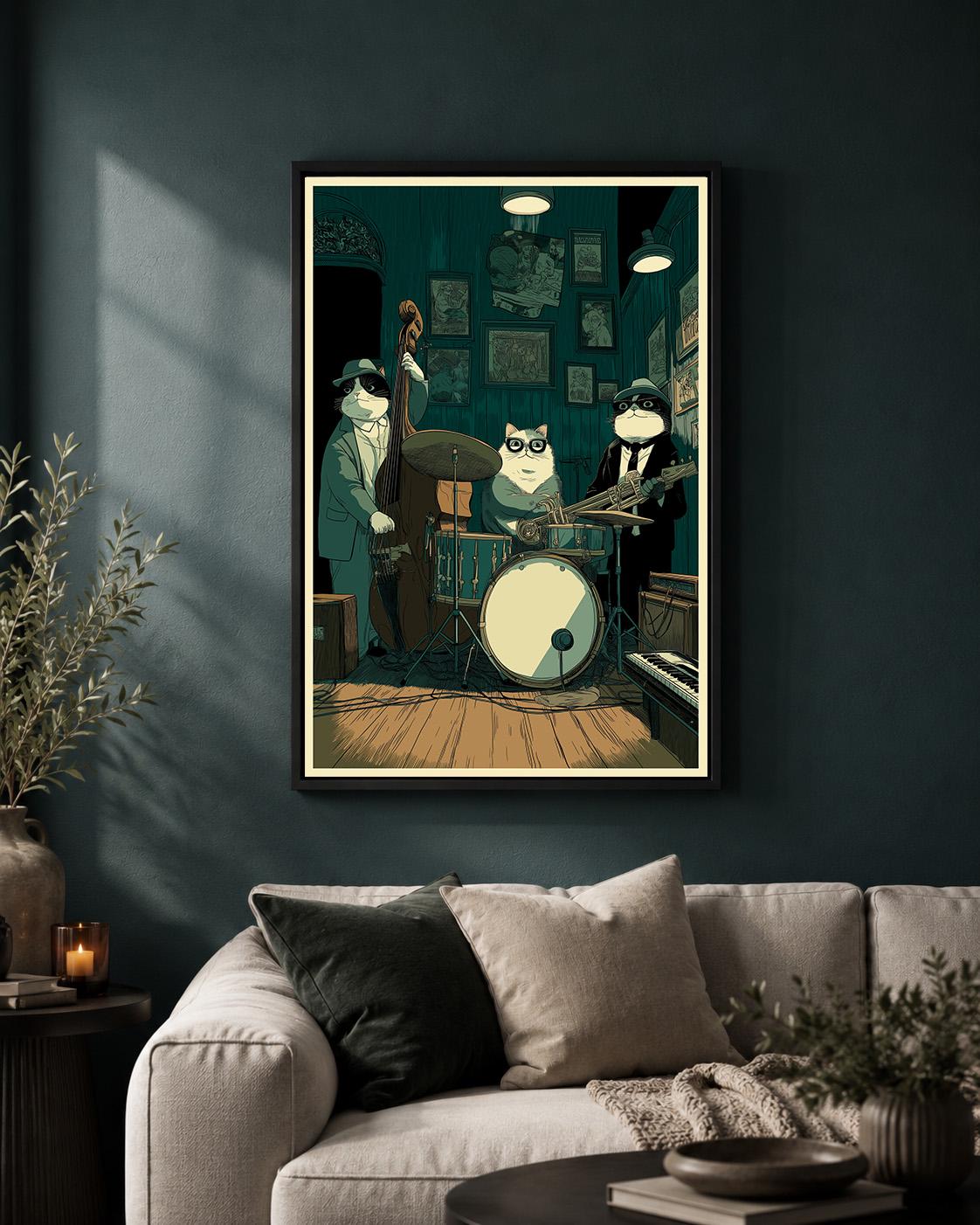 Jazz Cat Band Framed Canvas