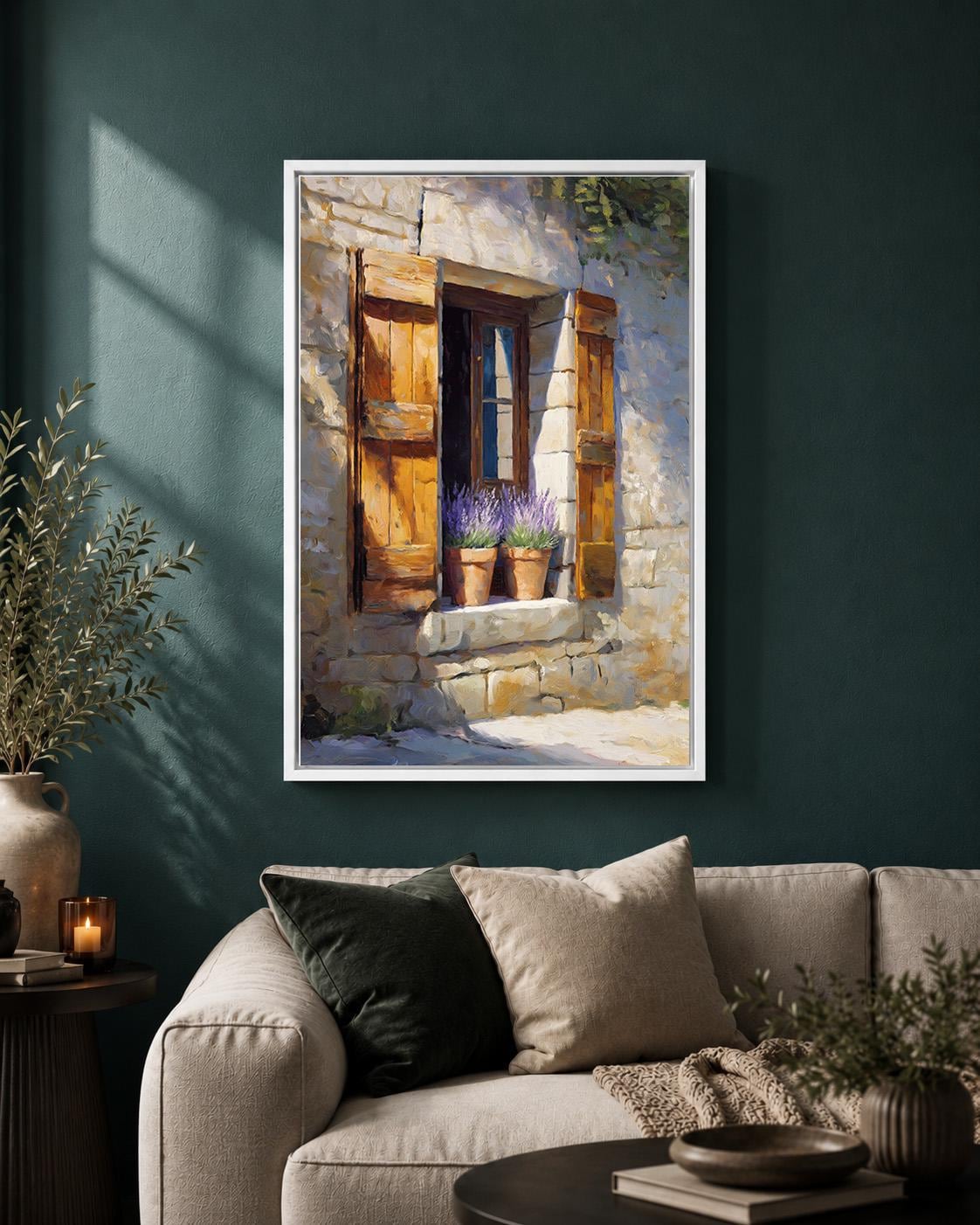 French Country Window Lavender Field Framed Canvas
