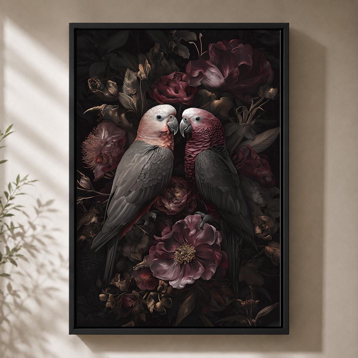 Dark Academia Parrots Floral Framed Canvas