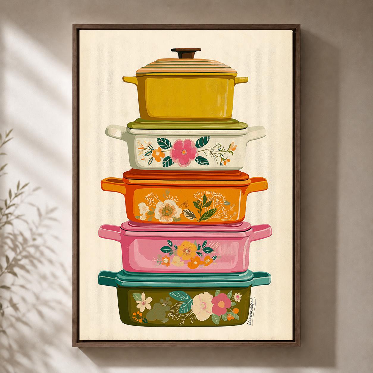 Vintage Pyrex Enamel Cookware Stack Framed Canvas