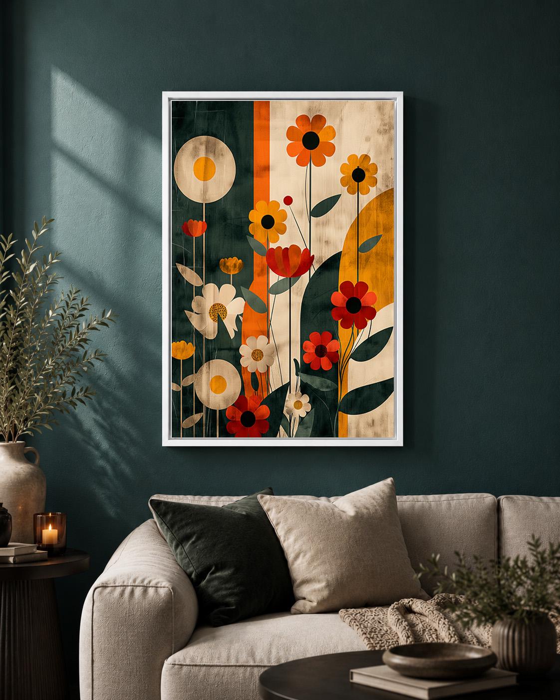 Mid Century Modern Floral Framed Canvas