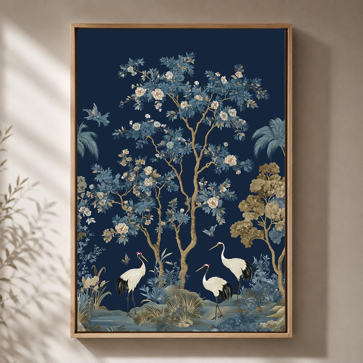 Blue Chinoiserie Crane Blossom Tree Framed Canvas