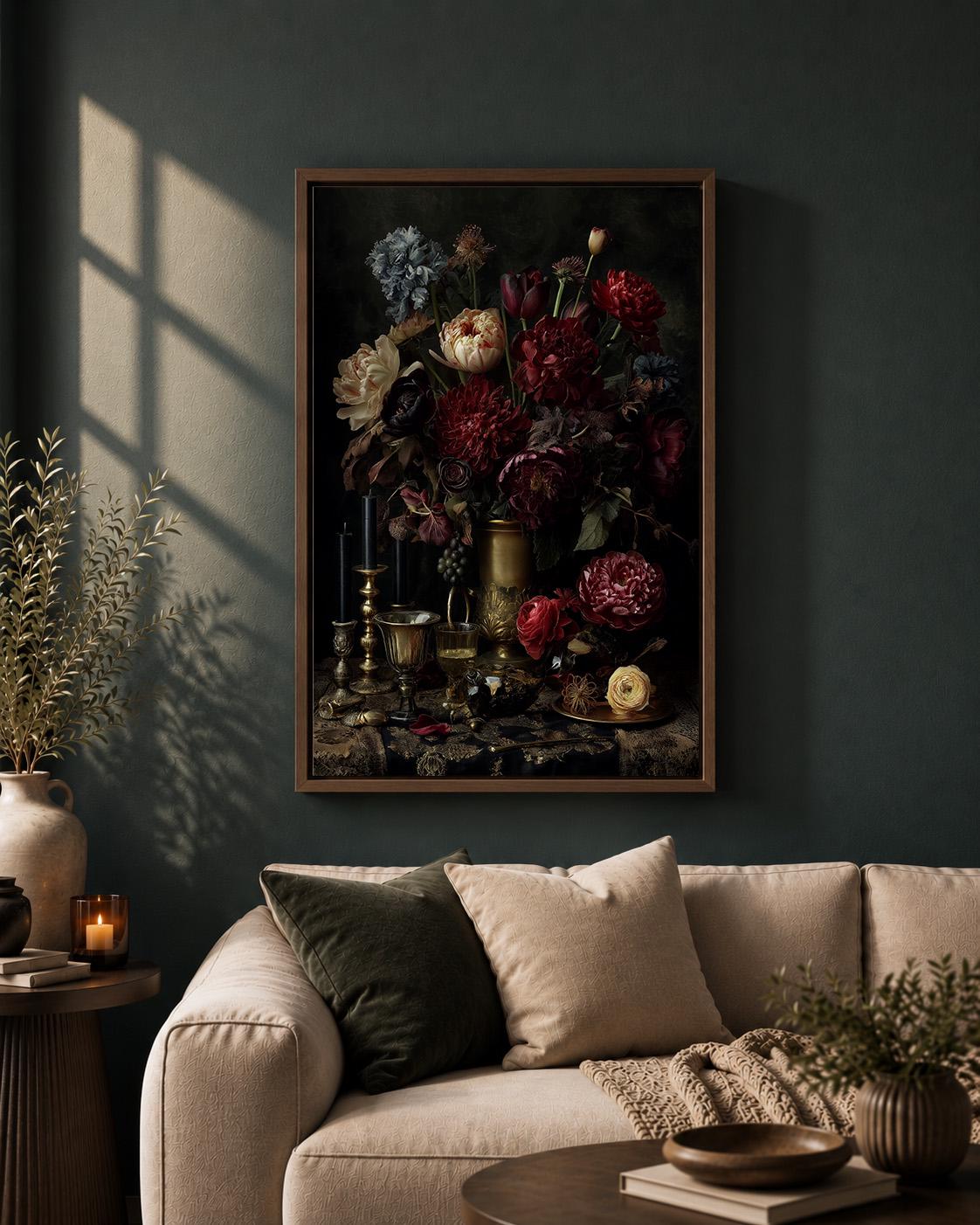 Dark Floral Still Life Framed Canvas