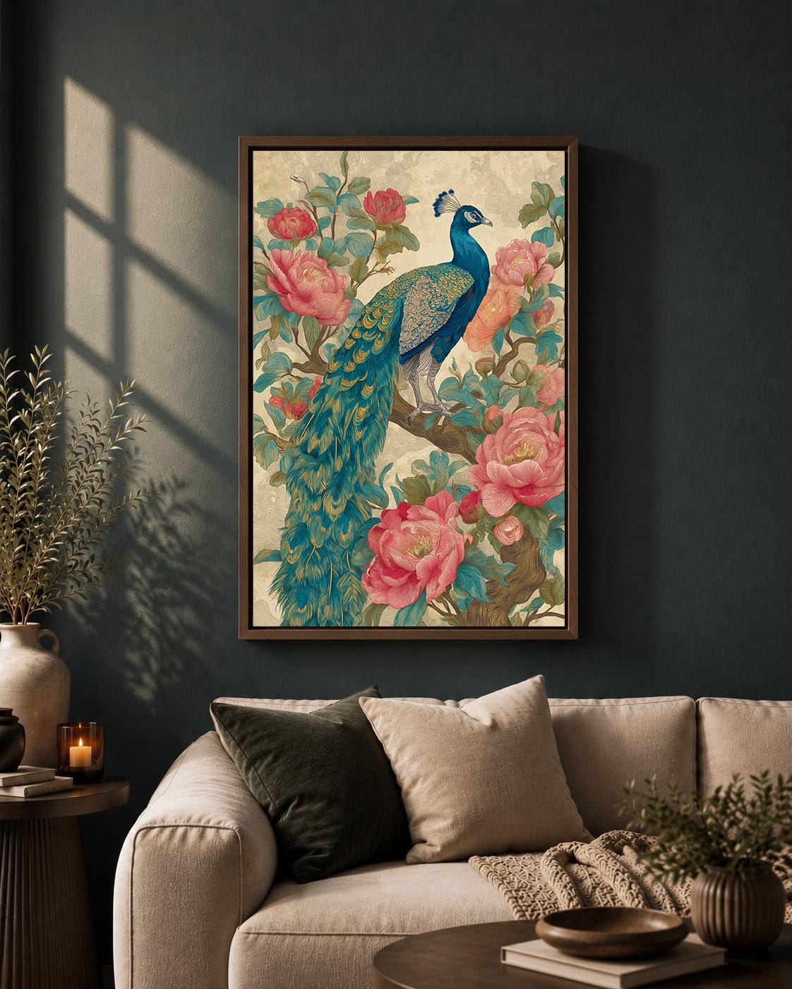 Vintage Peacock Floral Framed Canvas