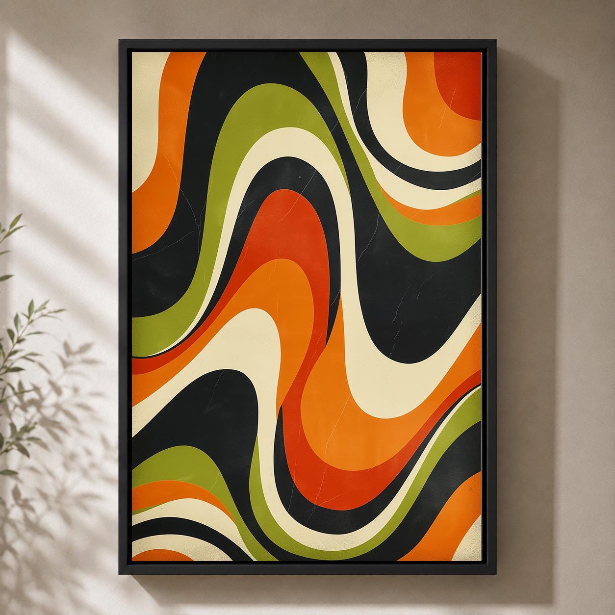 Retro Abstract 1970s Wavy Stripe Mid Century Modern Framed Canvas