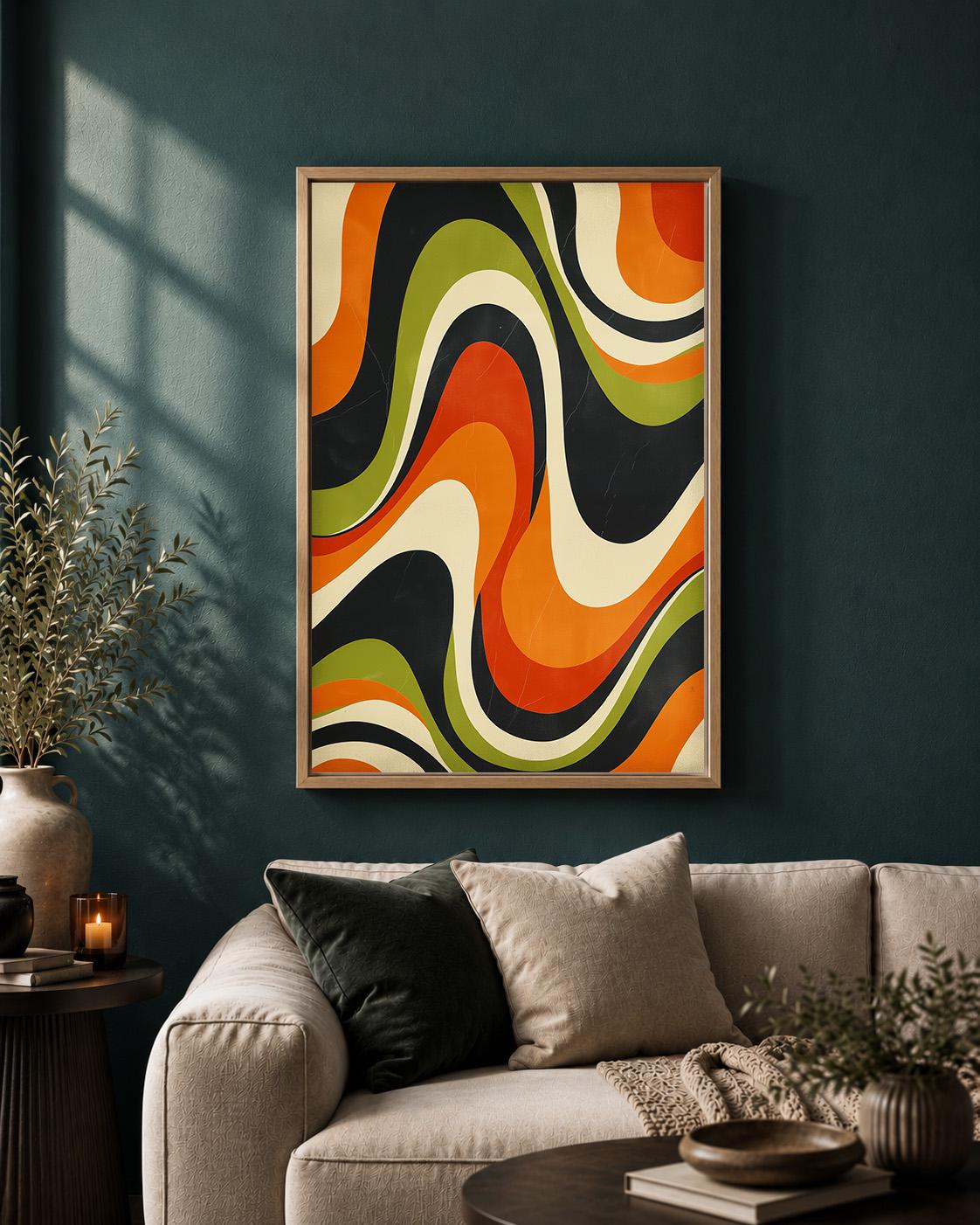 Retro Abstract 1970s Wavy Stripe Mid Century Modern Framed Canvas