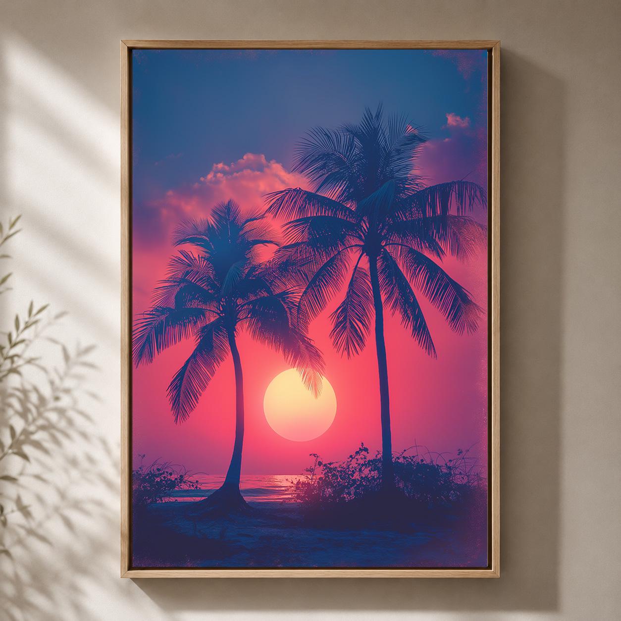 Tropical Palm Tree Sunset Framed Canvas