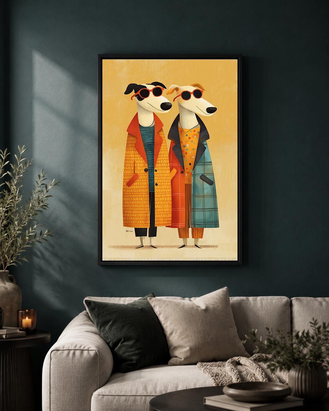 Fashion Dog Framed Canvas, Colorful Whippet Portrait