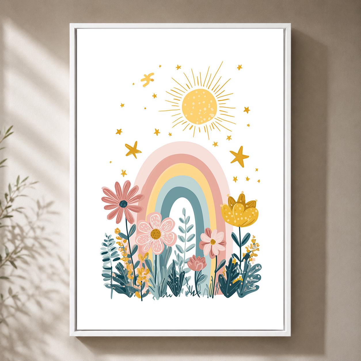 Pastel Rainbow Floral Nursery Framed Canvas Art