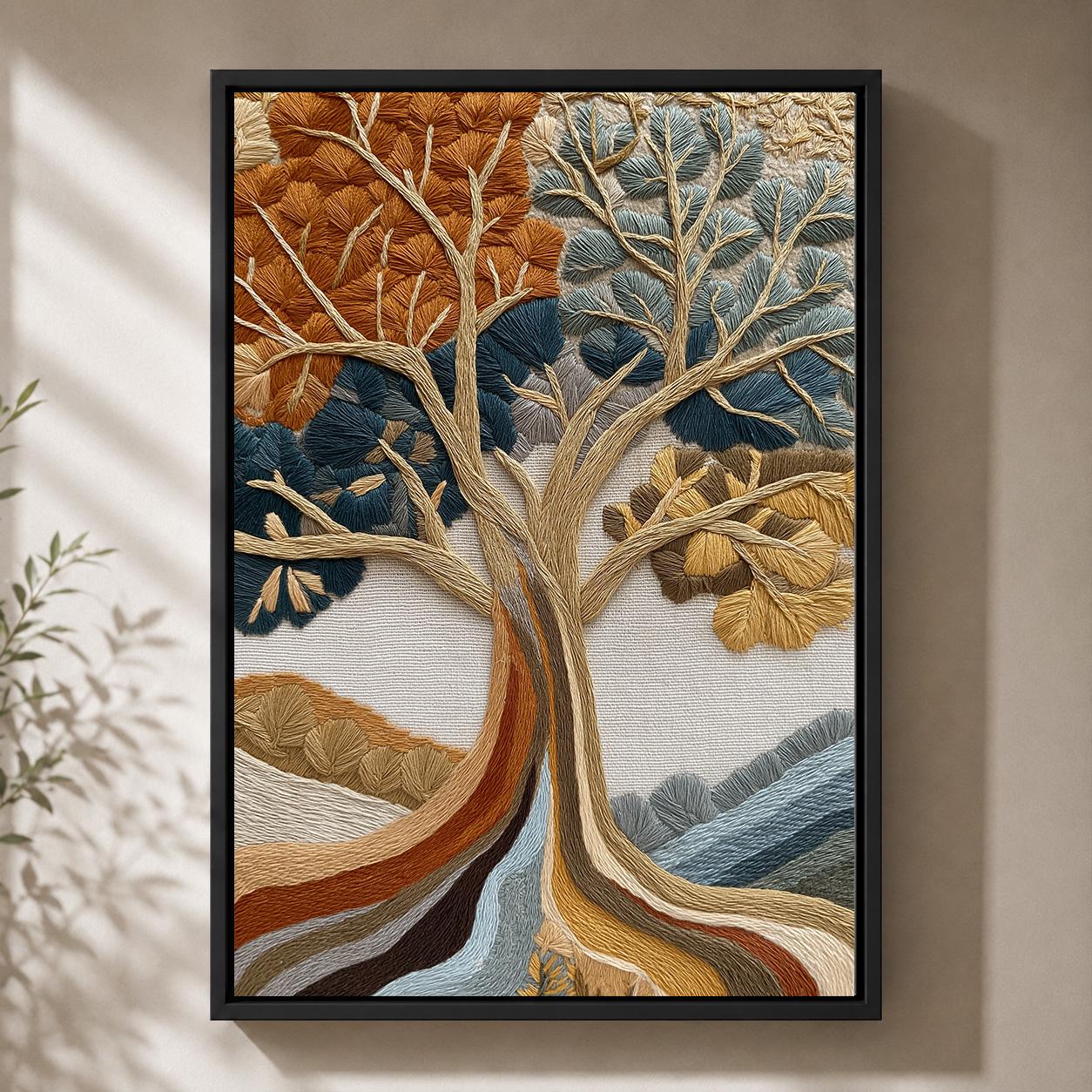 Embroidered Style Tree of Life Framed Canvas