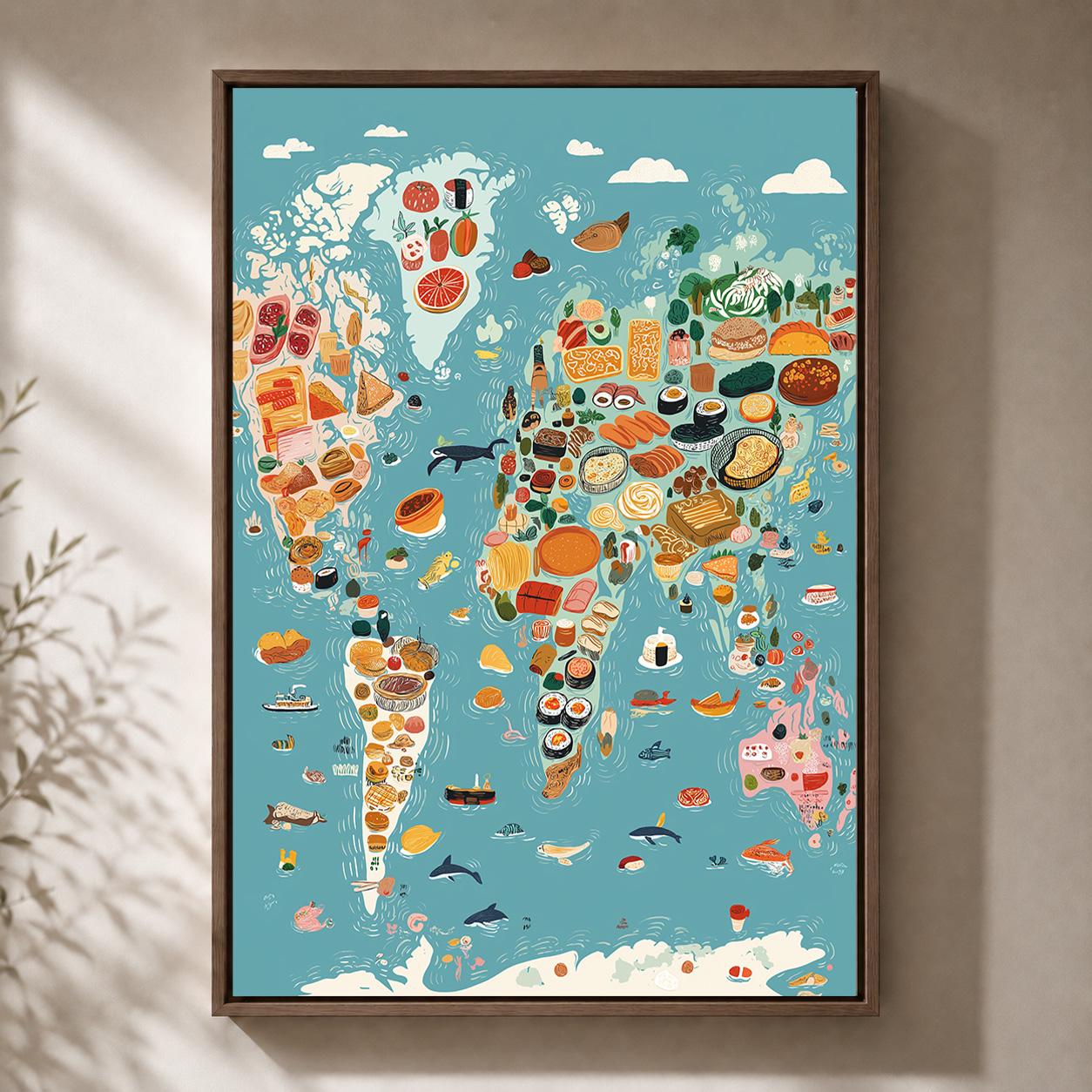 World Food Map Framed Canvas