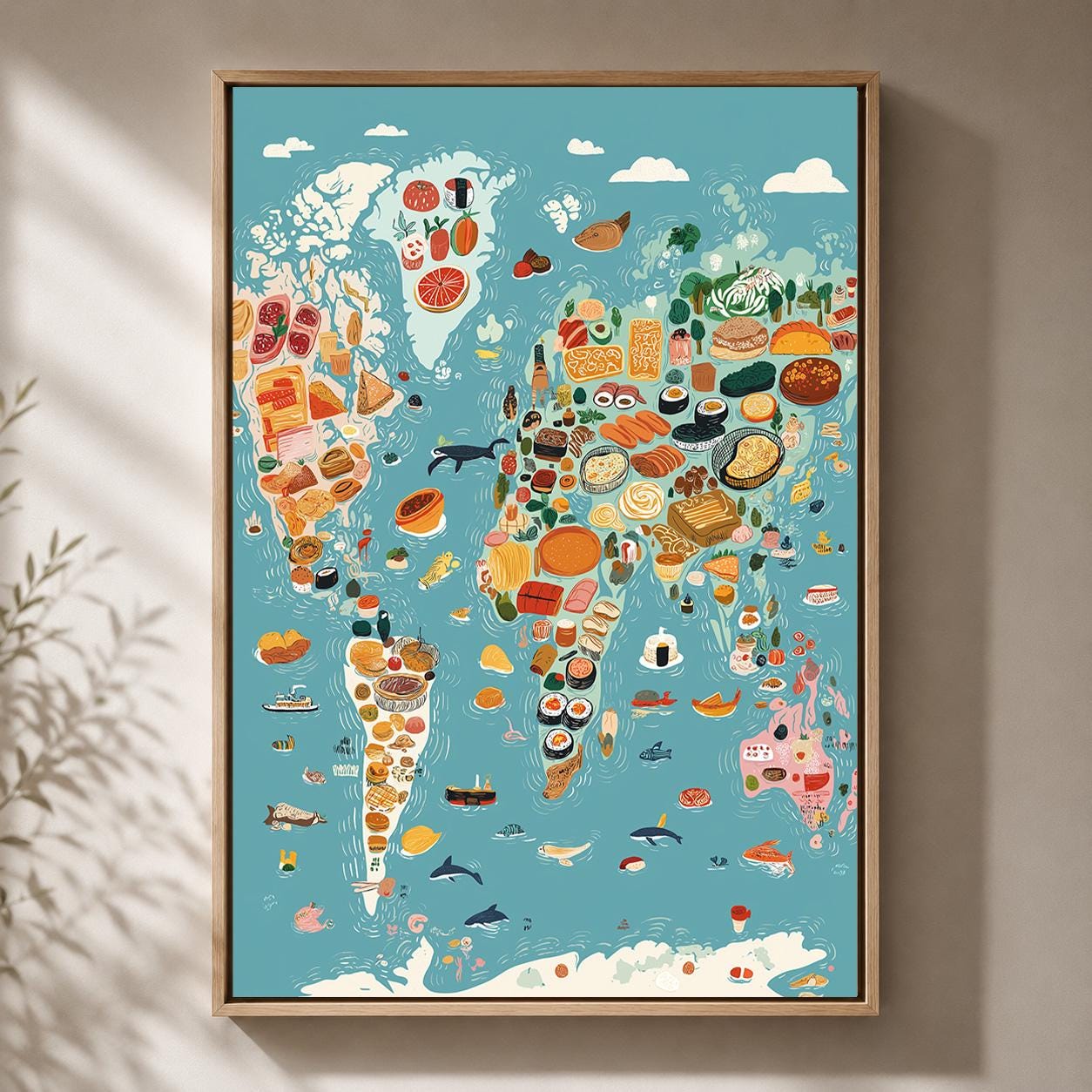 World Food Map Framed Canvas