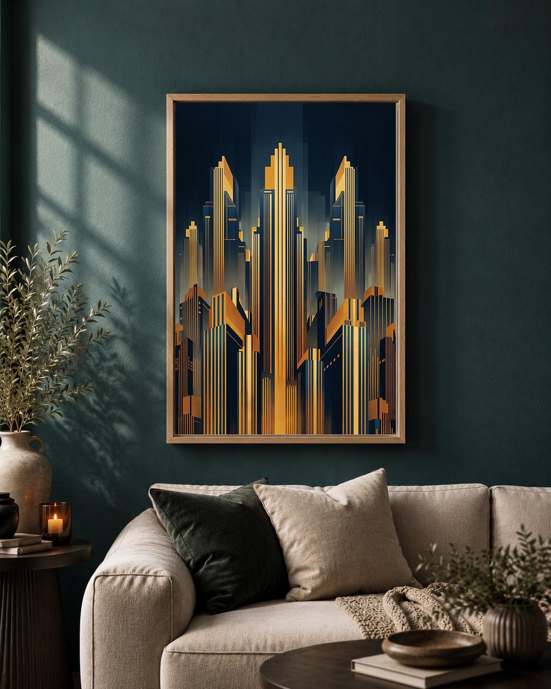Art Deco Cityscape Gold Skyscraper Geometric Skyline Framed Canvas by The Wall Art Studio