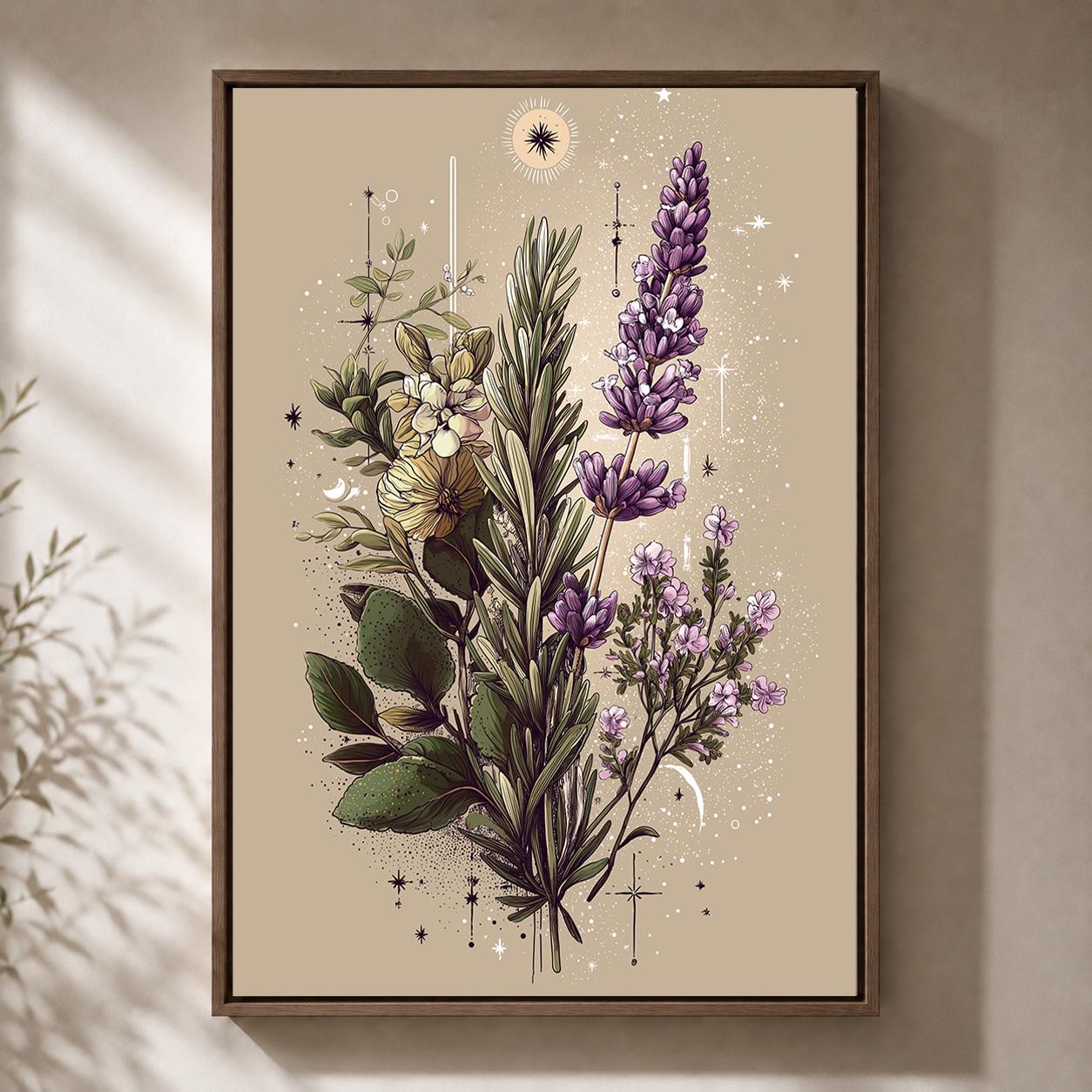 Celestial Botanical Mystic Herb Illustration Framed Canvas by The Wall Art Studio