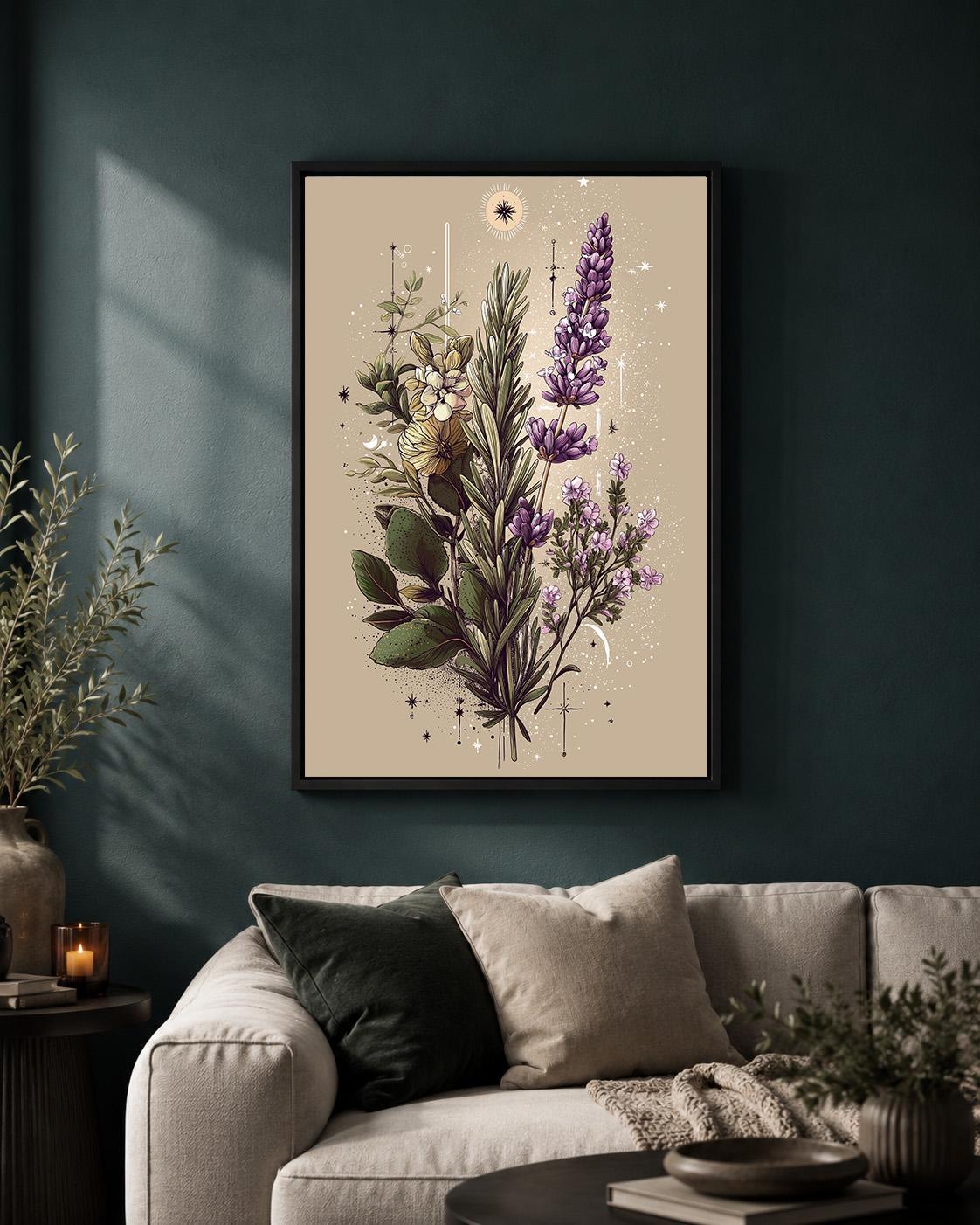 Celestial Botanical Mystic Herb Illustration Framed Canvas by The Wall Art Studio