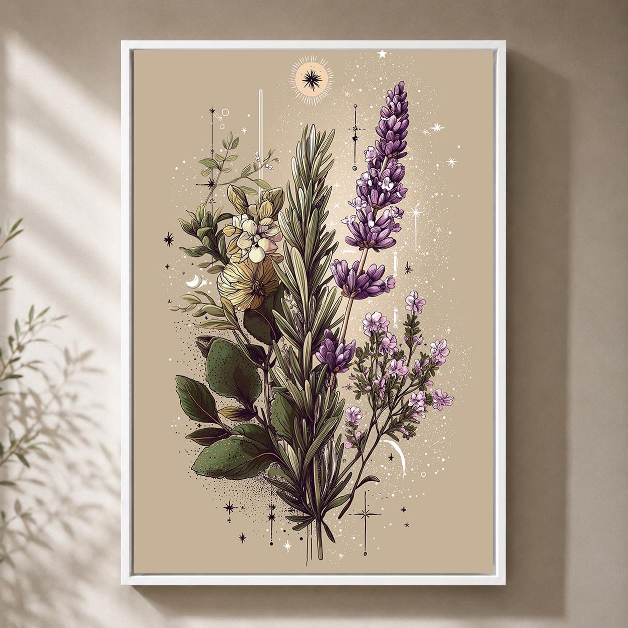 Celestial Botanical Mystic Herb Illustration Framed Canvas by The Wall Art Studio