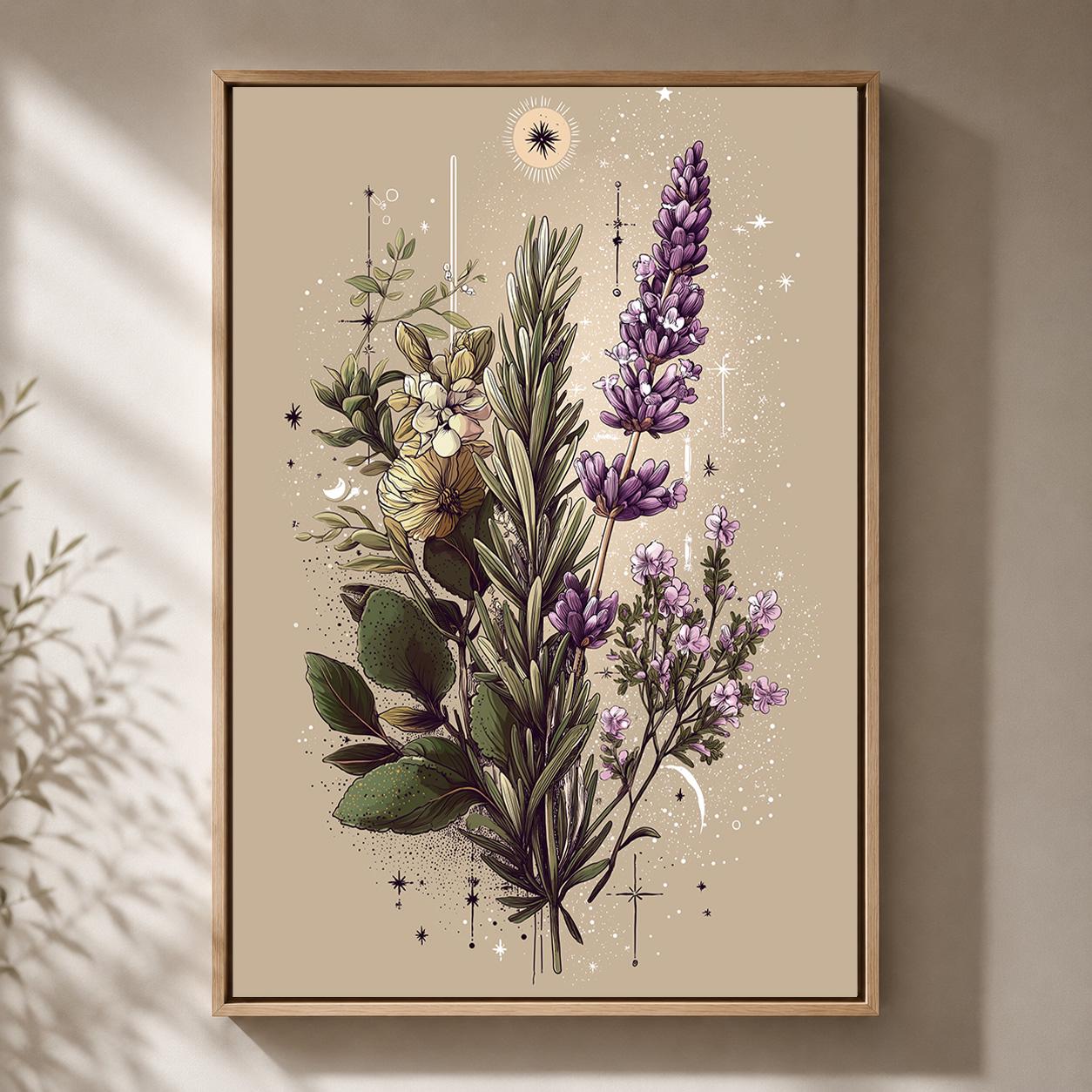 Celestial Botanical Mystic Herb Illustration Framed Canvas by The Wall Art Studio